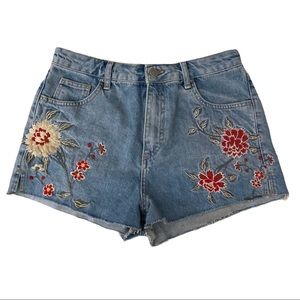 Topshop Blue Denim Jean Shorts with Red & Cream Floral Embroidery
